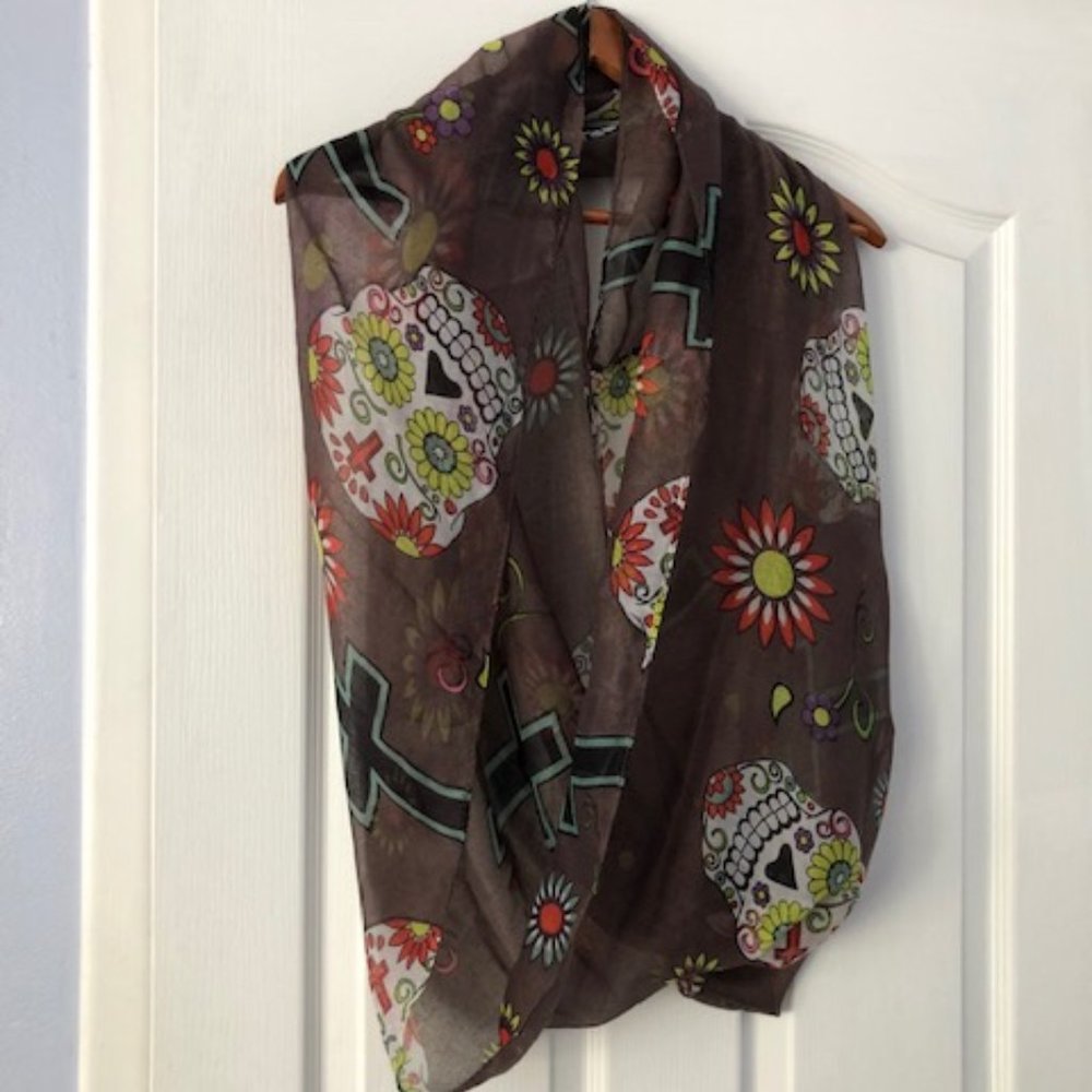 Gray Skull, Cross, and Flower Scarf